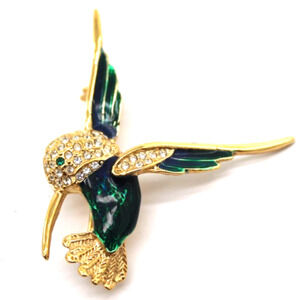 Roman Hummingbird Brooch Pin Rhinestone Green Enamel Gold Tone
